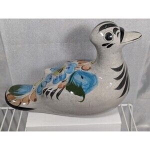 Vintage Mexican Tonala Pottery Duck Folk Art Figurine Blue & Gray Hand Painted